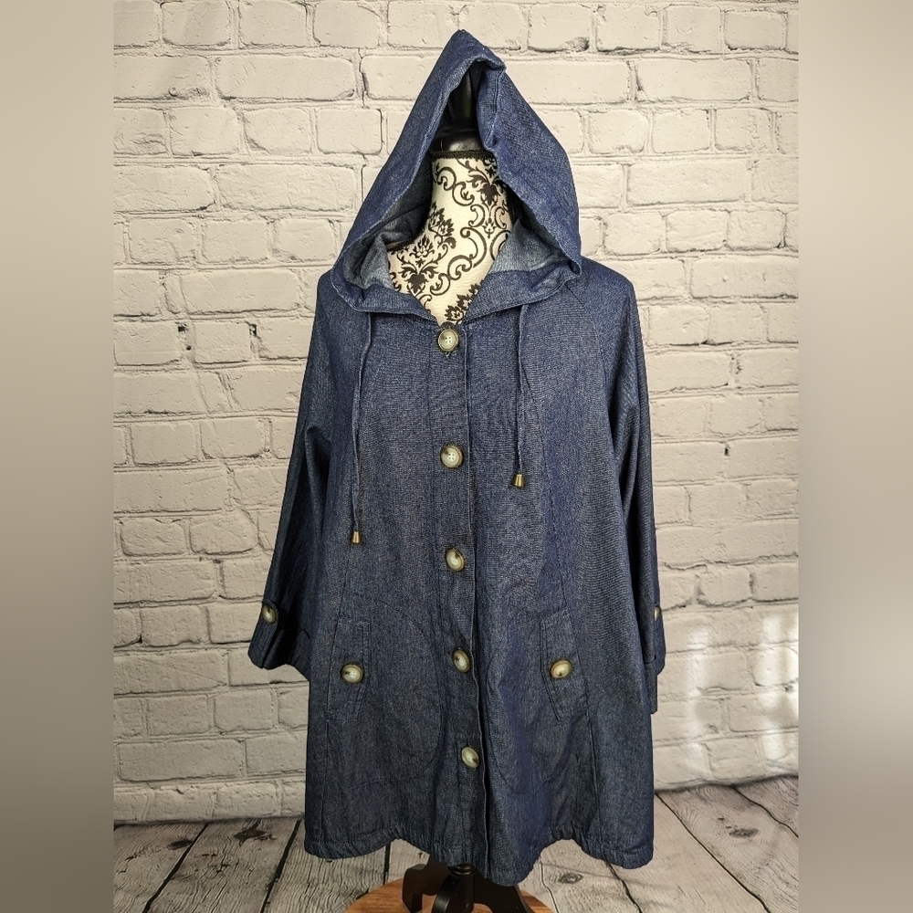 Jones New York women's long sleeve button front hooded blue jean jacket sz 1x b3